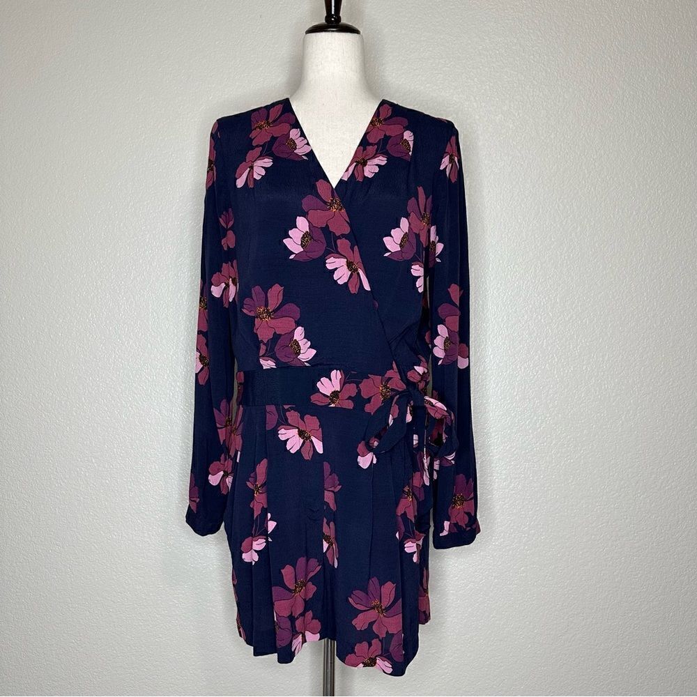 Loft Floral Navy Blue Purple Long Sleeves Wrap Romper